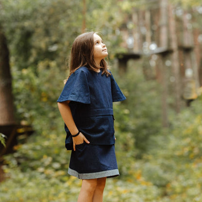 Type 1 Diabetes Clothing - Girl with dark blue set with pockets  | Our Pocket Hero