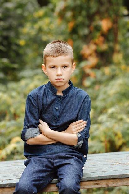 Type 1 Diabetes Clothing - Boy with dark blue set  | Our Pocket Hero